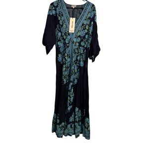 Juliet Dunn London Blue and green floral maxi dress. JD6097-Indigo